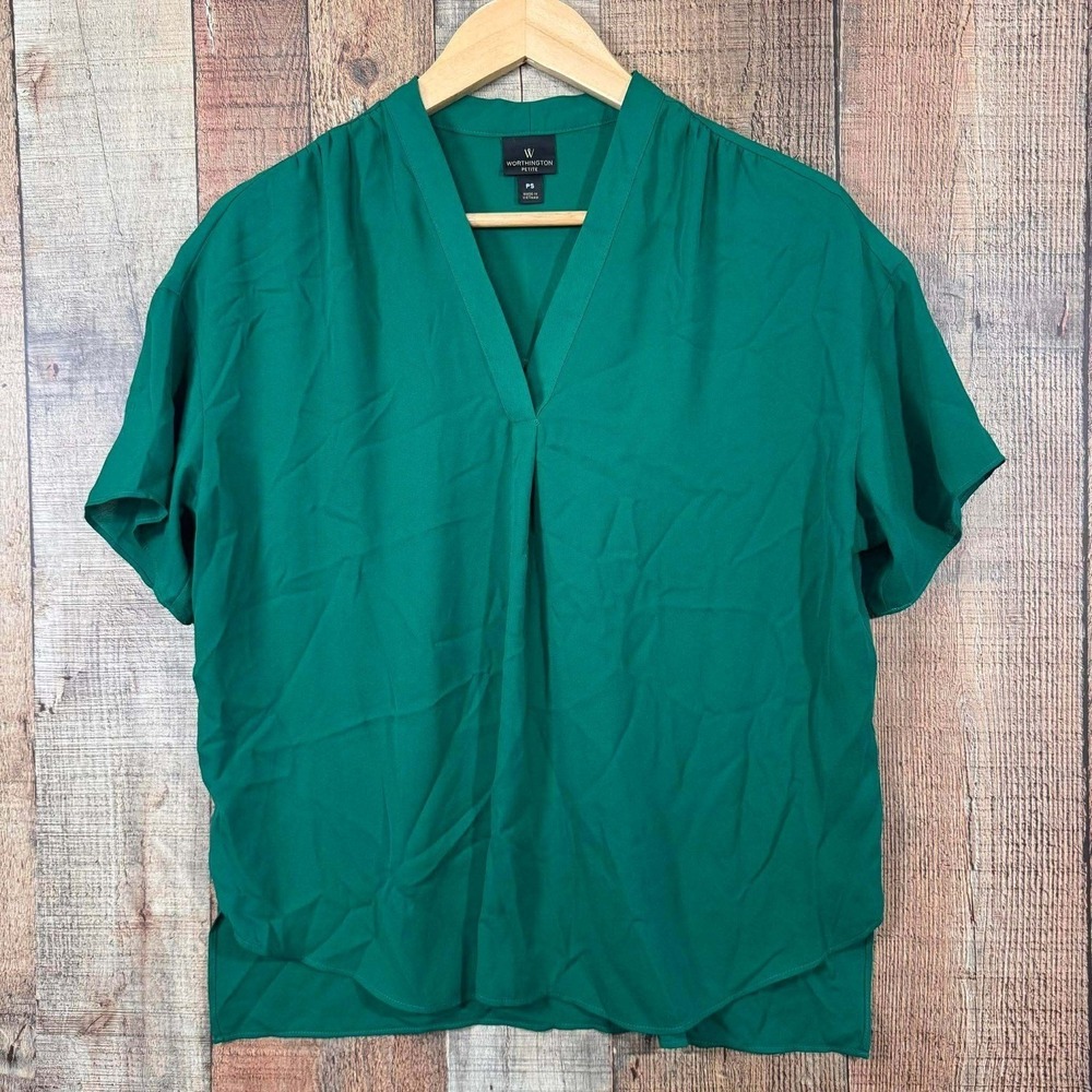 Worthington Petite Emerald Green Short Sleeve V-Neck Blouse Top Small Capsule